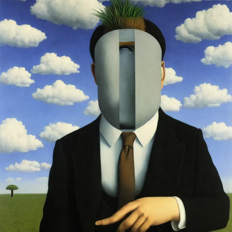 Prompt: portrait of a ghost in a suit, clouds in the background, by rene magritte, detailed painting, distance, middle centered, hd, hq, high resolution, high detail, 4 k, 8 k