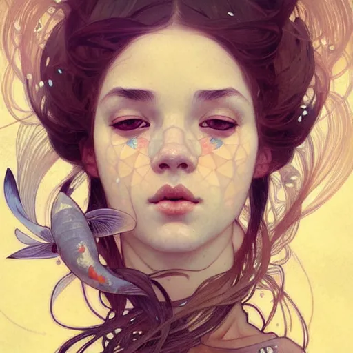 Prompt: Portrait of a girl surrounded by Koi fish, face, fantasy, intricate, elegant, highly detailed, digital painting, artstation, concept art, smooth, sharp focus, illustration, art by Krenz Cushart and Artem Demura and alphonse mucha