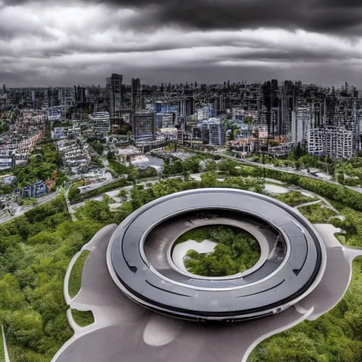 Image similar to wide shot of a near-future city with dark thick storm clouds in the sky. A giant ring-shaped spaceship is launching. The ring spaceship is encircling the city. HDR