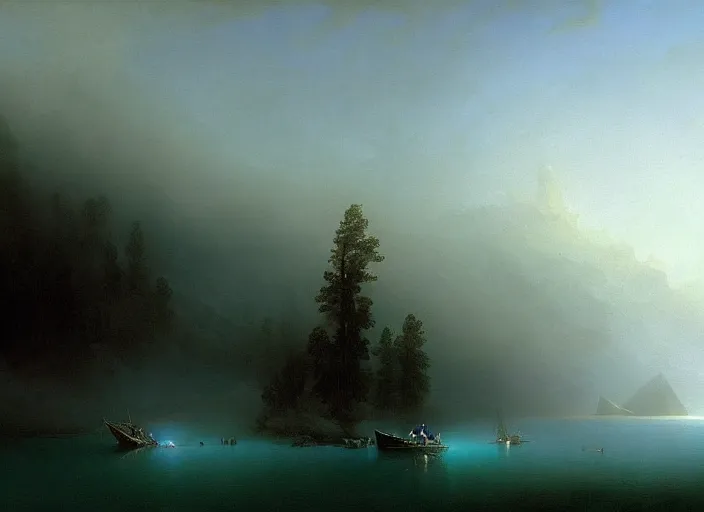 Image similar to blue - turquoise fog in the void, black background, hyperrealism, no blur, 4 k resolution, ultra detailed, style of asher brown durand, ismail inceoglu, robert mccall, ivan aivazovsky