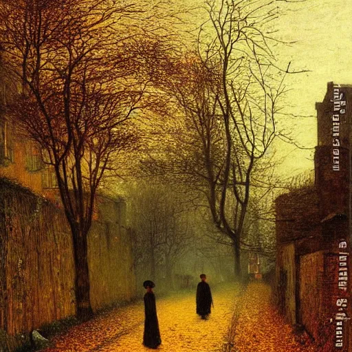 Prompt: the slenderman walking down a laneway in autumn, john atkinson grimshaw