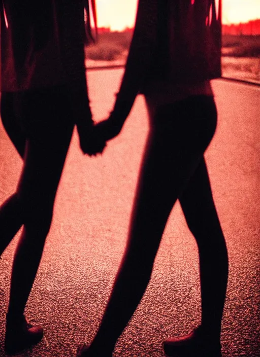 Image similar to cinestill 5 0 d photographic portrait of 2 women holding hands, wearing black techwear in front of a brutalist brushed metal building, closeup, on a desolate plain with a red sky, dystopia, cyberpunk, closeup, depth of field, 4 k, 8 k, hd, full color