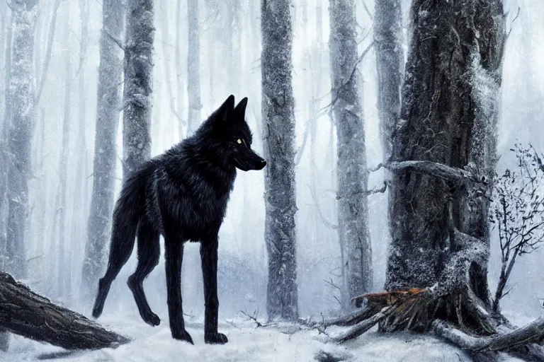 Prompt: a black wolf, standing on top of a fallen tree, winter forest, fantasy, greg rutkowski, cinematic, extremely detailed