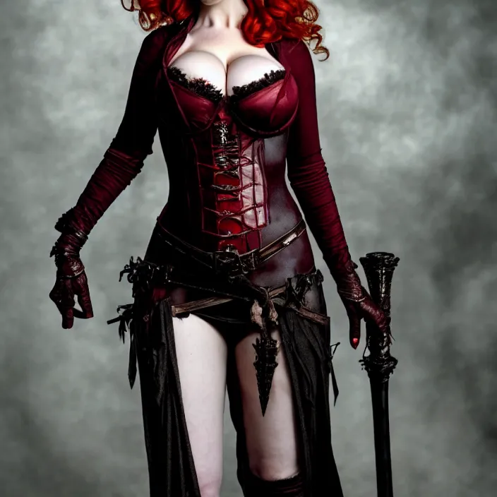 Image similar to professional full length photograph of christina hendricks as a vampire warrior. Extremely detailed. 8k