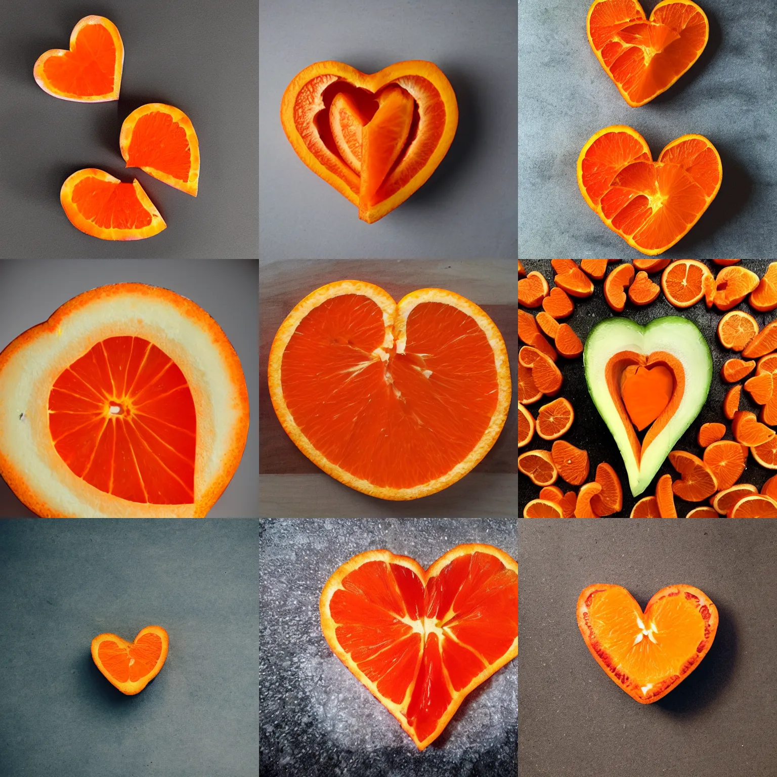 Prompt: orange in the shape of a heart sliced in half