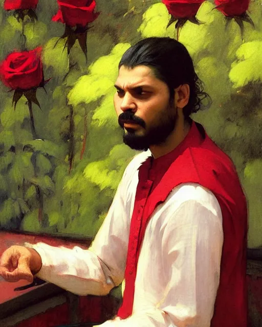 Image similar to a guy in a kurta waiting for his love to come, holding roses, art by greg rutkowski, gustave courbet, rosa bonheur, edward hopper. faithfully depicted facial expression, perfect anatomy, sharp focus, global illumination, radiant light, detailed and intricate environment, trending on artstation