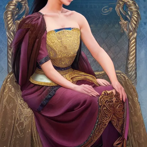 Image similar to a young asian woman with shoulder length hair and strong facial bone structure, queen and ruler of the universe, sitting on her throne, young handsome caucasian men kneeling at her feet, digital painting, highly detailed, intricate, elegant, trending on artstation, art by greg rutkwowski, artgerm, wlop, alphonse mucha