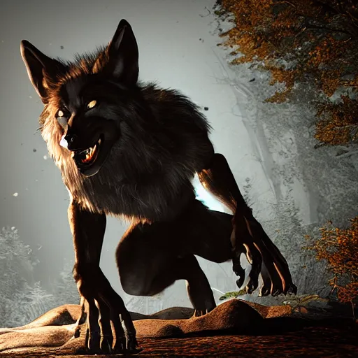 Prompt: hyper realistic werewolf hidden in the dark. higly detailed. background is a deep dark cabin in the woods. unreal engine 5