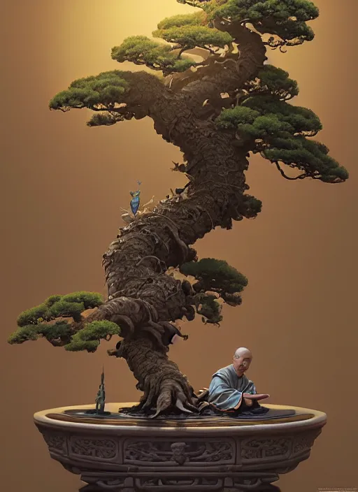 Prompt: shinto monk with a bonsai growing out of his head, intricate, rim light, octane render, by jesper ejsing, james jean, justin gerard, tomasz alen kopera, cgsociety and fenghua zhong, highly detailed, art, cinematic lighting, very coherent, hyper realism, high detail, 8 k