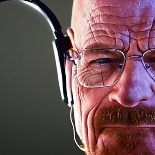 Prompt: close up, cropped award winning photo of walter white wearing pink headphones screaming and shouting, incredibly detailed, sharp focus, hyper realistic