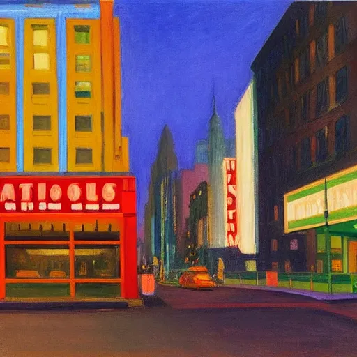 Prompt: painting of new york city, street view, night, glow of neon lights, by edward hopper.