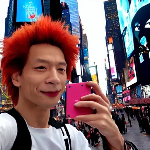 Image similar to hisoka taking a selfie at times square, high quality