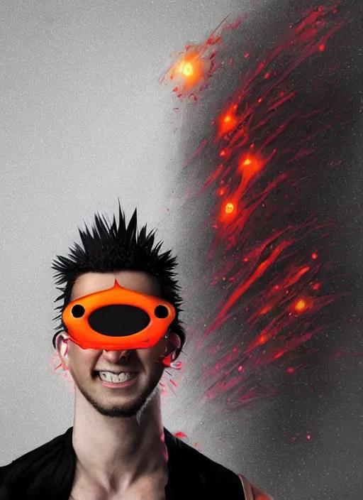 Image similar to An epic fantasy comic book style portrait painting of young man with red spiked long hair, using an orange lens googles. Wearing a black waistcoat, white shirt. He is with a vicious smile in face. Unreal 5, DAZ, hyperrealistic, octane render, cosplay, RPG portrait, dynamic lighting