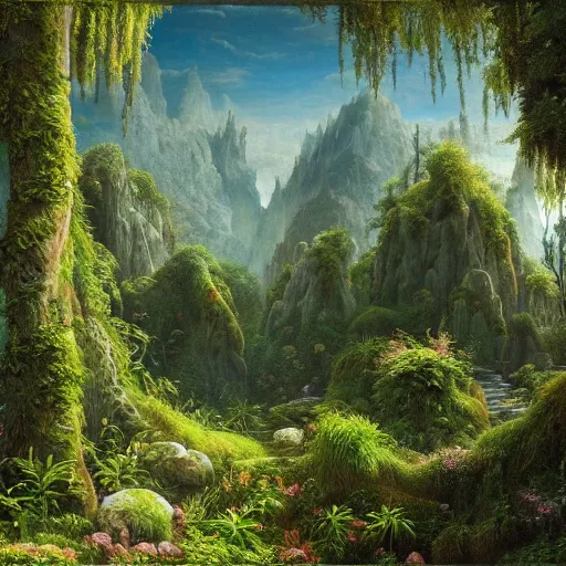 Image similar to a beautiful and highly detailed matte painting of a magical garden in a lush forest in a forgotten valley in an epic mountain range, intricate details, epic scale, insanely complex, 8 k, sharp focus, hyperrealism, by caspar friedrich,
