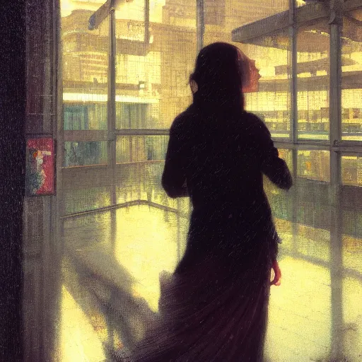 Prompt: detailed portrait of a woman, moment, cyberpunk cloisters, electronic billboards, tech noir, wet reflections, atmospheric, ambient, livia prima, greg rutkowski, wlop, george tooker, gil elvgren, grant wood, alexis flower, hopper, mucha, whistler, norman rockwell, peter max,