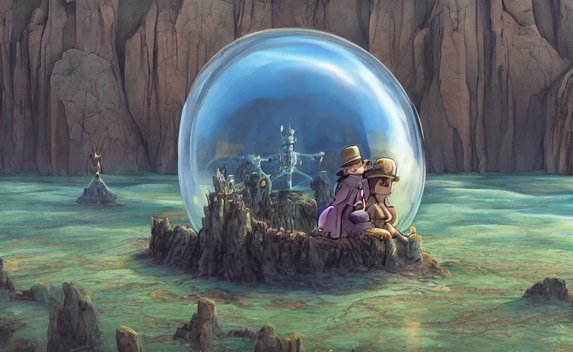 Image similar to a scary hyperrealist painting of a demon in a giant transparent bubble from howl's moving castle ( 2 0 0 4 ) in a flooded monument valley stonehenge jungle. depth perception, 4 k, artstation, in the style of studio ghibli