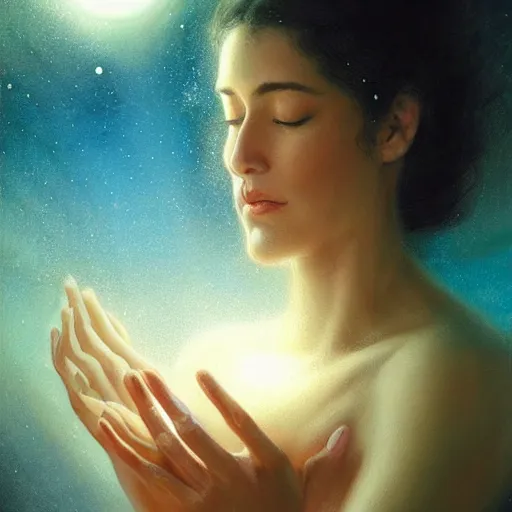 Image similar to A woman holding!!!!! Earth!!!!! in her eloquently gentle palms while she solemnly meditates about what to do next in the creation of the universe, illustrated by Greg Rutkowski and Gaston Bussiere, vividly radiantly beautiful lighting, closeup!!!!!, portrait imagery!!!!!, dazzling dappled lighting, subsurface scattering, light refractions, trending on artstation, 4k, 8k!!!!!