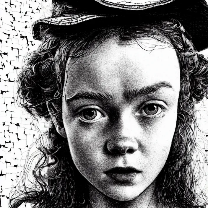 Image similar to extreme close - up on sadie sink as a miner who raises stale bread. background : black tiles on walls. black and white, pencil and ink. by gabriel hardman, joe alves, chris bonura. cinematic atmosphere, detailed and intricate, perfect anatomy