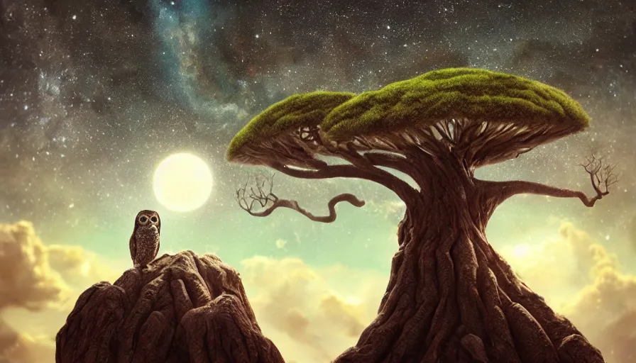 Prompt: very very small owl, sitting on a gigantic dragon tree in moonlit socotra island by ilya kuvshinov, starry night, rtx rendering, octane render 1 2 8 k, maya, extreme high intricate details by tom bagshaw, medium shot, close up shot, composition by sana takeda, lighting by greg rutkowski