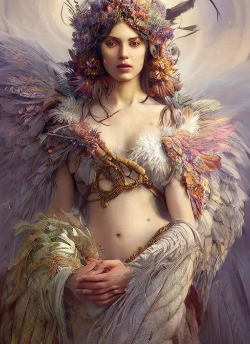 Prompt: real photoshoot goddess of birds, wearing a feathered cloak and a fancy silk floral dress, ornate, ultra realistic, concept art, intricate details, eerie, highly detailed, photorealistic, octane render, 8 k, unreal engine. art by artgerm and greg rutkowski and charlie bowater and magali villeneuve and alphonse mucha