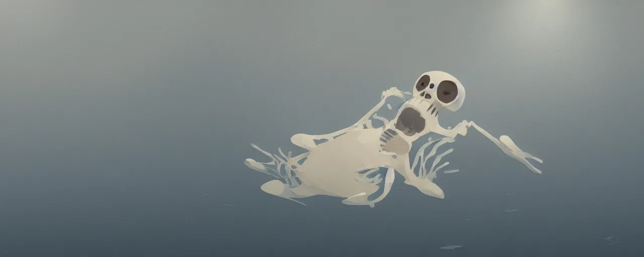 Image similar to a baby harp seal skeleton decomposing on the bottom of the arctic ocean, atey ghailan, goro fujita, studio ghibli, rim light, dark lighting, clear focus, very coherent,