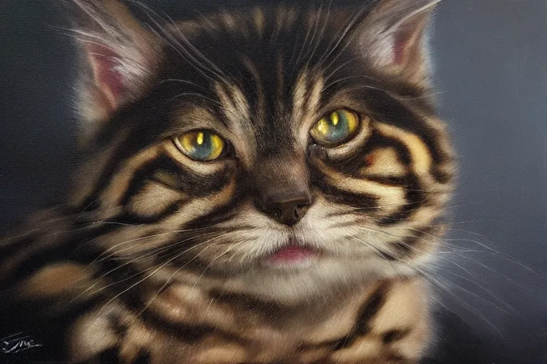 Image similar to A dark, brooding oil painting of a snarling kitten, close-up, high-quality, professional, dramatic lighting, extremely high detail, trending on artstation