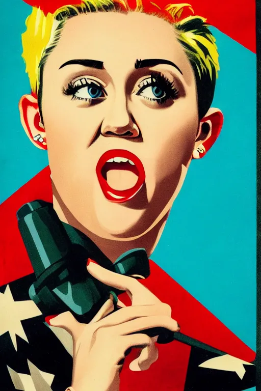 Image similar to propaganda poster, miley cyrus, close up, portrait, shouting