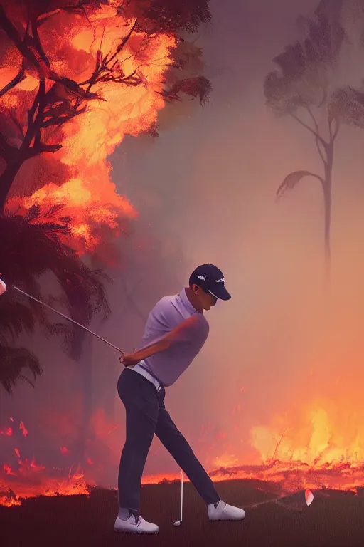 Prompt: close-up of an athletic golf player in a lush golf course with automatic watering, low angle, magical lights, golden hour, surrounded by burning forests, smoke from the fire, digital painting, cinematic, 4k, forest ray light, particles light, by sasha kalinkin, Noah Bradley, ilya kuvshinov,