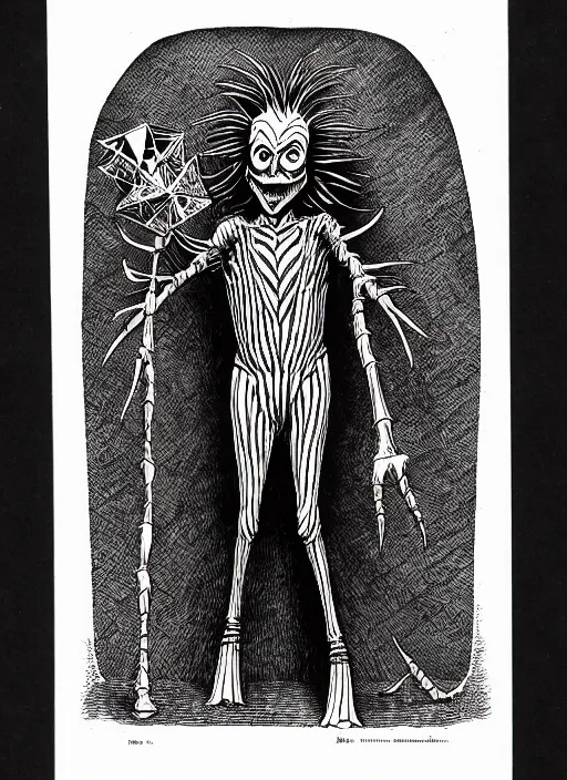 Image similar to michael keaton as beetlejuice, as a d & d monster, full body, pen - and - ink illustration, etching, by russ nicholson, david a trampier, larry elmore, 1 9 8 1, hq scan, intricate details, inside stylized border