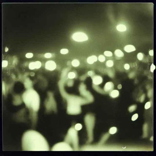 Image similar to Polaroid photograph of a busy dance floor at night, sharp focus