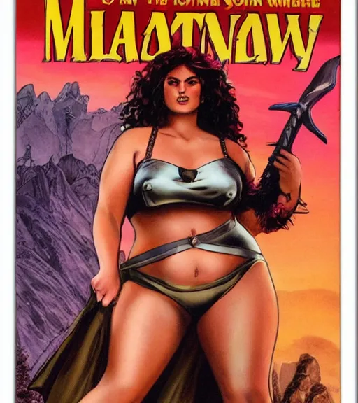 Image similar to 1 9 8 0 s fantasy novel book cover, bbw plus size amazonian peyton list in extremely tight bikini armor wielding a cartoonishly large sword, exaggerated body features, dark and smoky background, low quality print