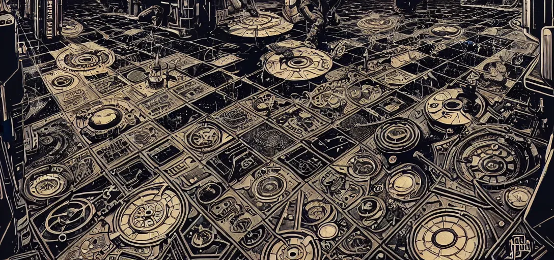 Image similar to cyberpunk steampunk tiled floor, one point perspective, high details, line art, by vincent di fate and joe fenton, inking, screen print, masterpiece, trending on artstation, sharp,, hyper - detailed, hd, 4 k, 8 k