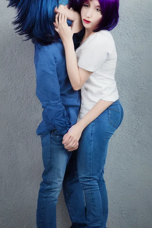 Prompt: attractive beautiful striking blue hair 2 7 year old woman, soft, cute, nerdy, fun, playful, wearing jeans and a t - shirt, with her boyfriend, 1 5 0 mm f 2. 8, full body portrait, color, hasselblad, professional photo, high quality, symmetrical face, clear skin, 4 k, dramatic lighting
