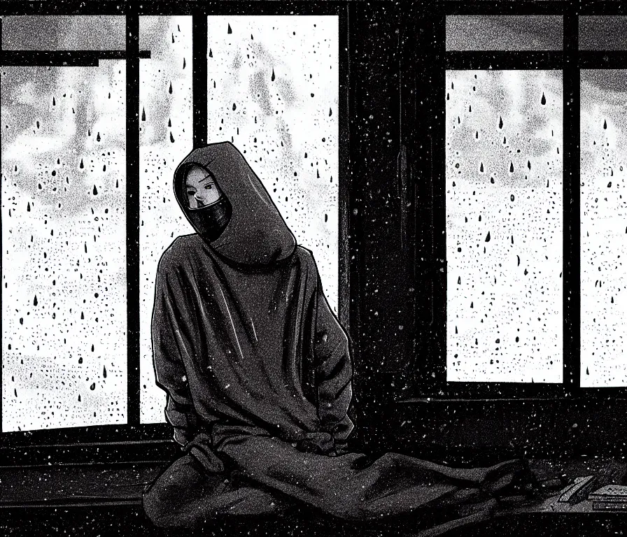 Image similar to sadie sink in hoodie sits on windowsill, knees tucked in | rain falls at night : storyboard, scifi cyberpunk. by joe alves, chris bonura. cinematic atmosphere, detailed and intricate, perfect anatomy