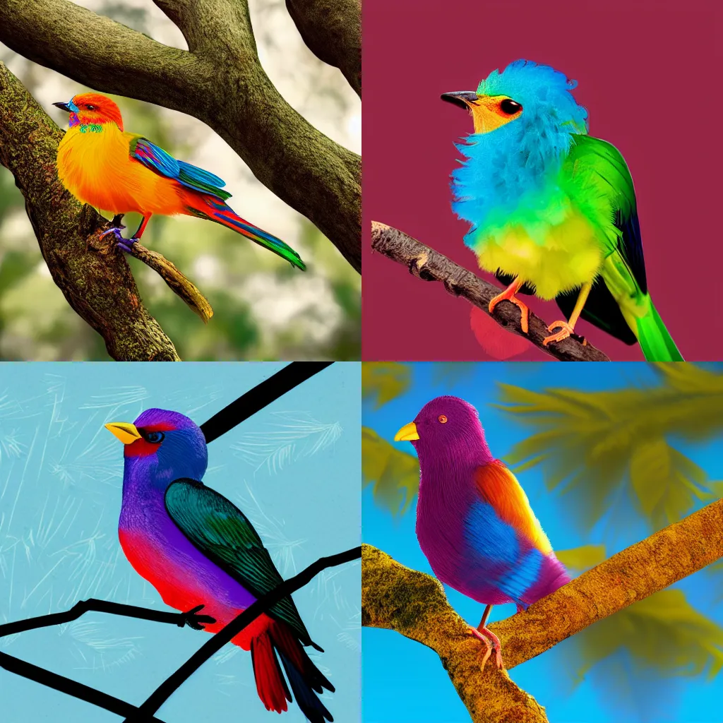 Prompt: a colorful bird sitting on top of a tree branch, a raytraced image by jacob willemszoon de wet, shutterstock contest winner, hurufiyya, creative commons attribution, made of feathers, painterly