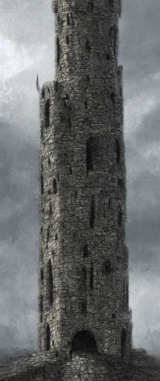 Image similar to gloomy illustration of a high medieval tower with dark stones, artstation