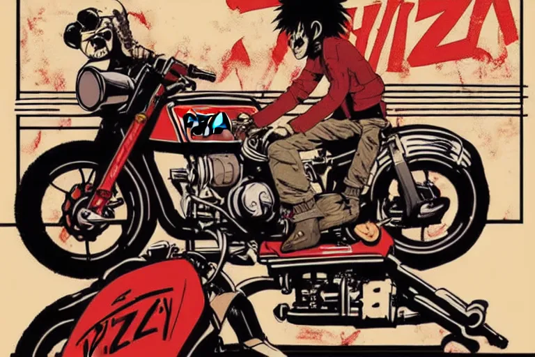 Image similar to pizza the hut, akira's motorcycle, gorillaz, poster, high quality