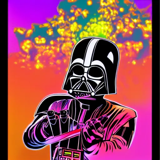 Prompt: artgerm, psychedelic laughing cybertronic darth vader, rocking out, headphones dj rave, digital artwork, r. crumb, svg vector
