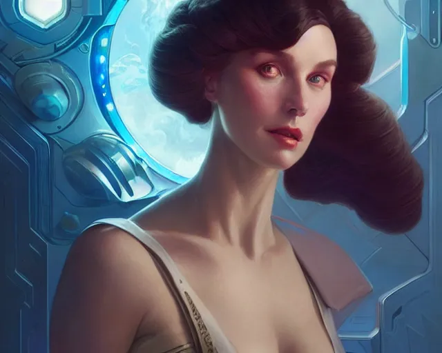 Image similar to scifi woman lange and horst p horst, deep focus, d & d, fantasy, intricate, elegant, highly detailed, digital painting, artstation, concept art, matte, sharp focus, illustration, hearthstone, soft volumetric lights, art by moebius and artgerm and greg rutkowski and alphonse mucha