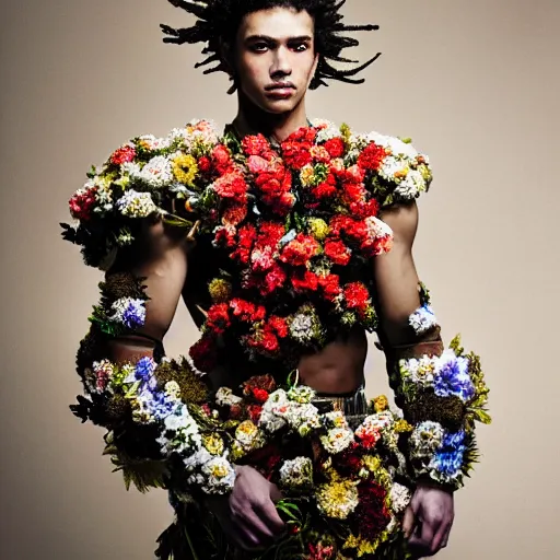 Image similar to a portrait of a beautiful young male wearing an alexander mcqueen armor made of flowers , photographed by andrew thomas huang, artistic