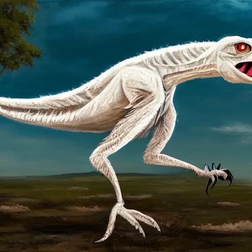 Image similar to oil painting of a velociraptor wearing a white wedding dress, atmospheric, beautiful, cinematic, detailed, fullbody portrait, 4 k, 8 k