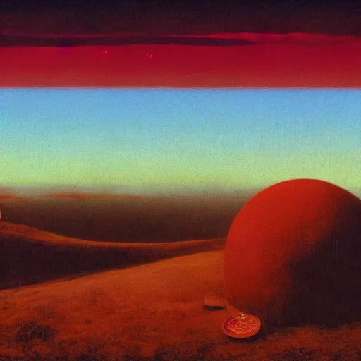 Prompt: a huge pizza in a strange valley, beksinski, sunset, 4 k, hyperrealistic