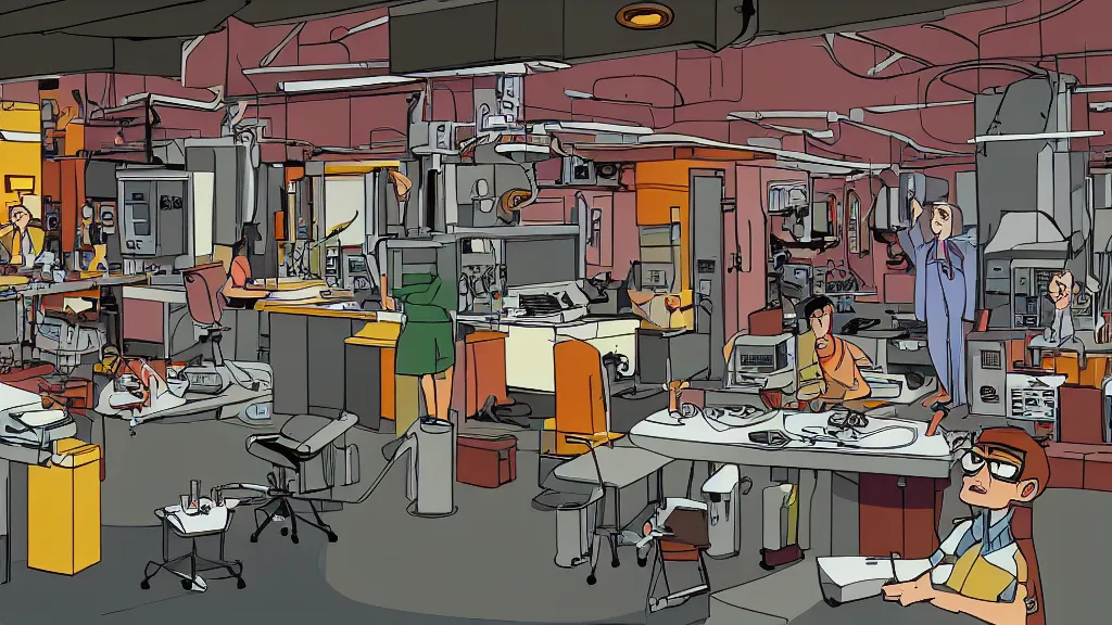 Prompt: inside view of dexter's laboratory, animated, high detail, machines