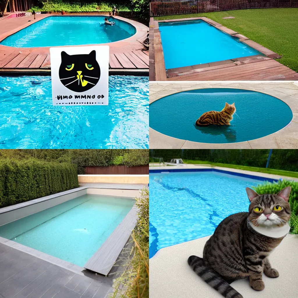 Prompt: a photo of an outdoor swimming pool in the shape of a cat, an outdoor swimming pool imitating a cat