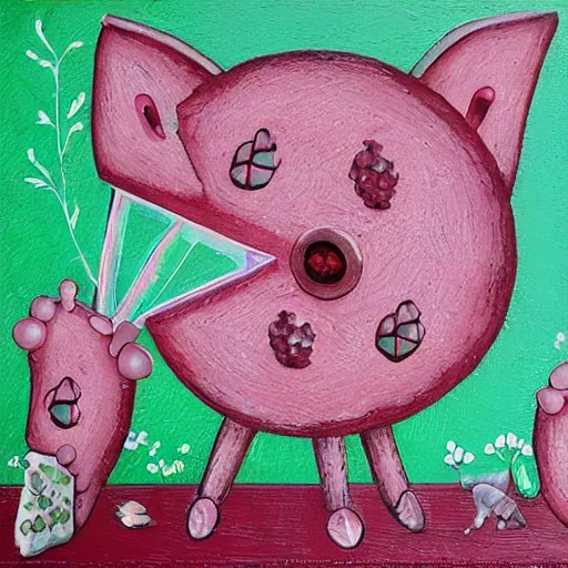 Prompt: “berries, diamonds, pigs, weeds, bagels, pig, strawberries, blueberries, raspberries, pizza, diamonds, pigs, pork, formulae, giant pig, weeds and grass, math equations, crystals, plants, scientific glassware, Acrylic and spray paint and oilstick on canvas, pastel pink, complementary colours, neo-expressionist style”