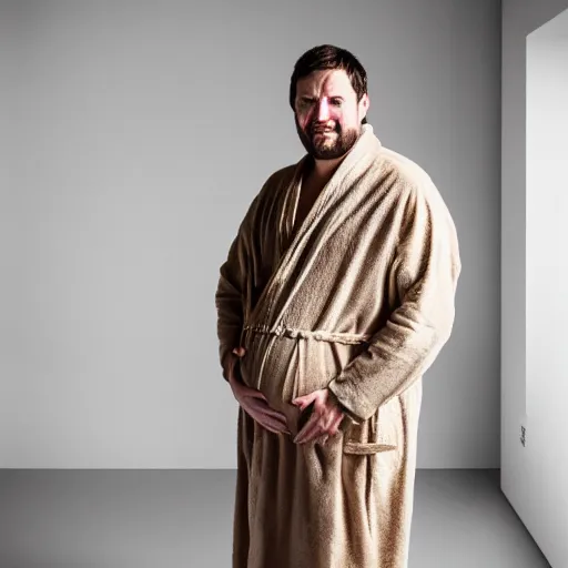 Image similar to richard iv the roman king, excited real human wearing beige bathrobe, soft studio lighting, sigma lens photo, he is dancing and has pregnancy belly