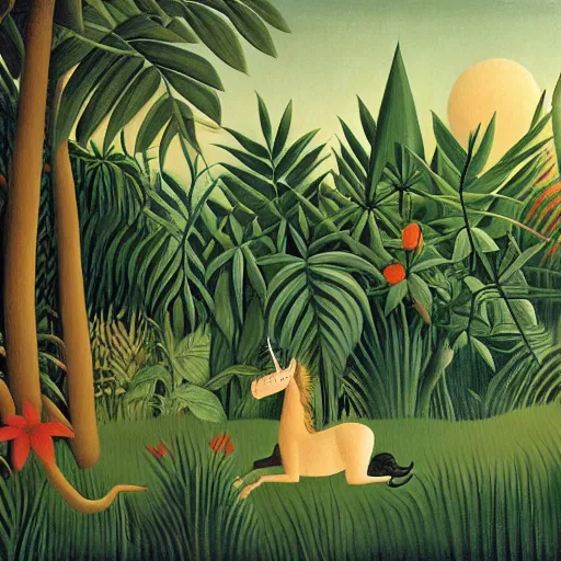 Image similar to A unicorn in the jungle by Henri Rousseau, trending on artstation