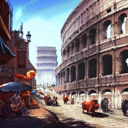 Prompt: busy d & d city with distant colosseum, horses and carriages in first person street view, artstation