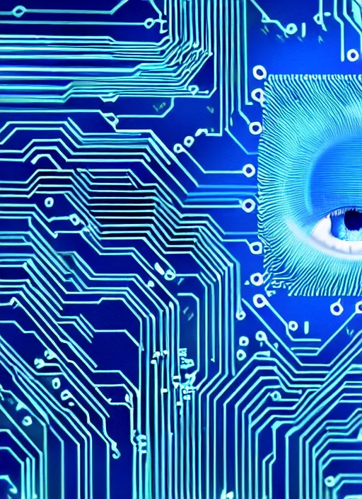 Image similar to a computer circuit board with a blue eye, a computer rendering by karl ballmer, pixabay contest winner, computer art, creative commons attribution, quantum wavetracing, future tech