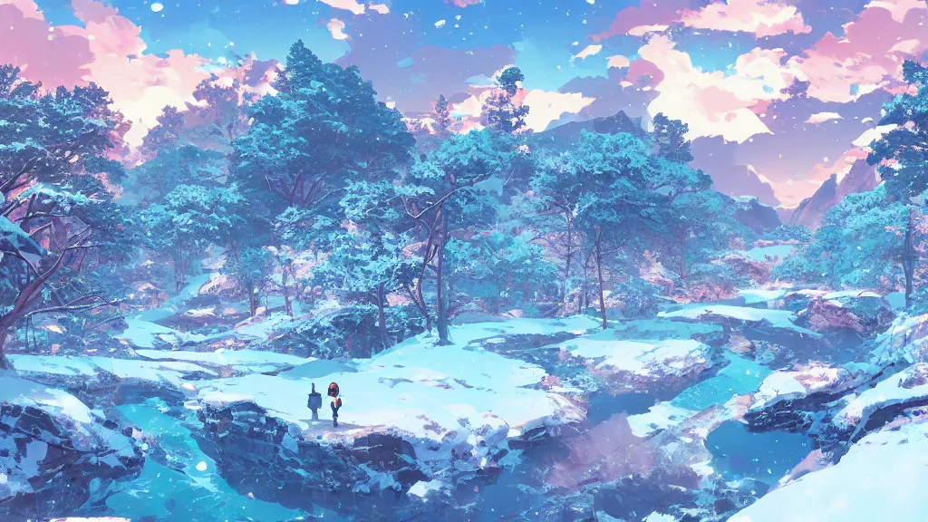 Image similar to landscape of a snowy mountainous region, rich vivid colors, ambient lighting, dynamic lighting, 4k, HQ, official media, anime key visual, makoto shinkai, ilya kuvshinov, lois van baarle, rossdraws, detailed, trending on artstation